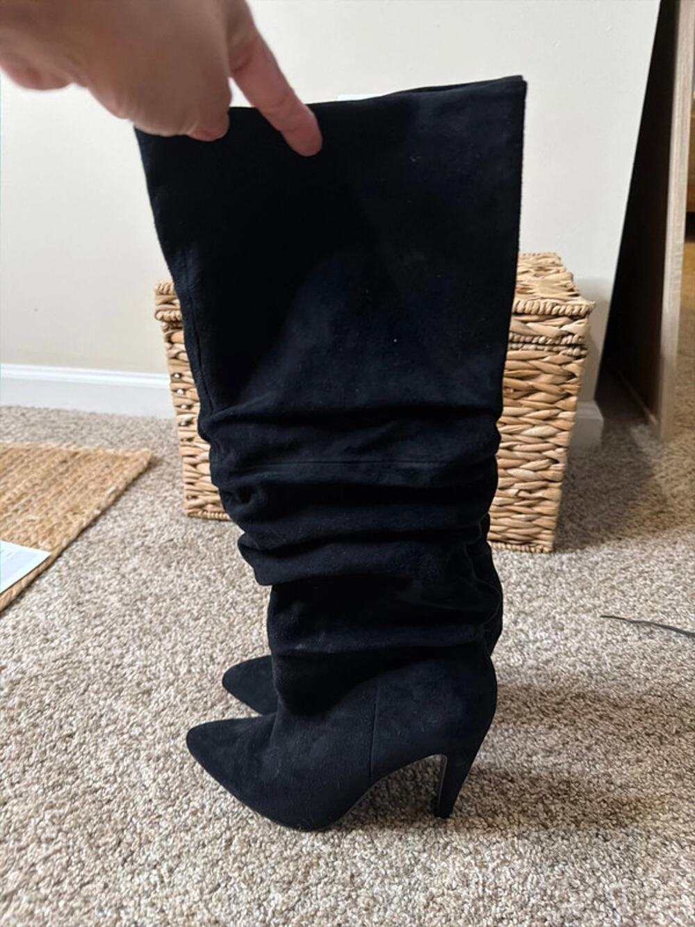 Black, genuine suede, slouchy heeled boots 8